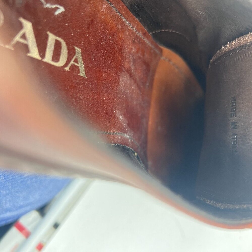 Prada Milano Men Size 9.5 Brown Perforated Leather Wingtip Derby Dress Shoes - Picture 15 of 16